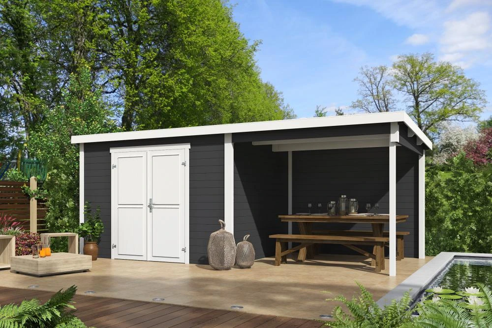 Outdoor Life Blokhut Kjeld met Overkapping Carbon Grey-Wit 550 x 250 cm - Afbeelding 1